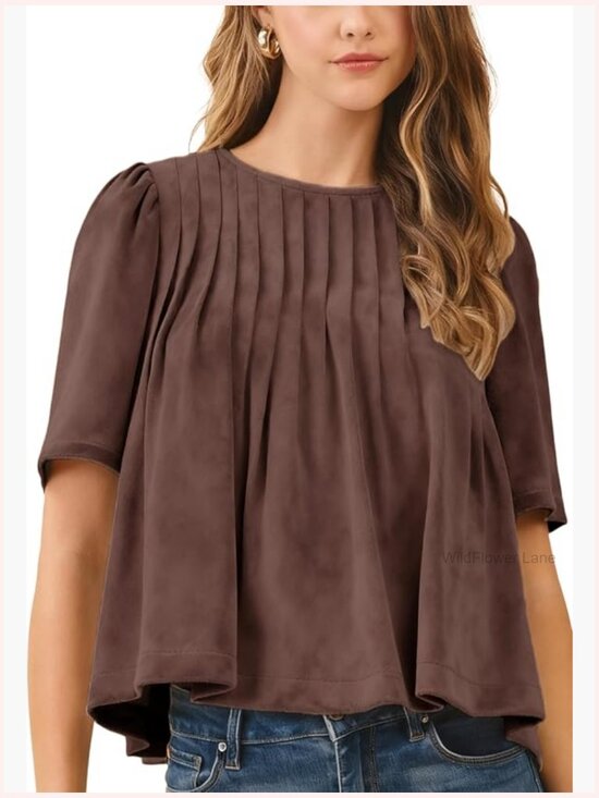 Tops - Faux Suede Babydoll Top Pleated Peplum Blouse Short Sleeve Pullover